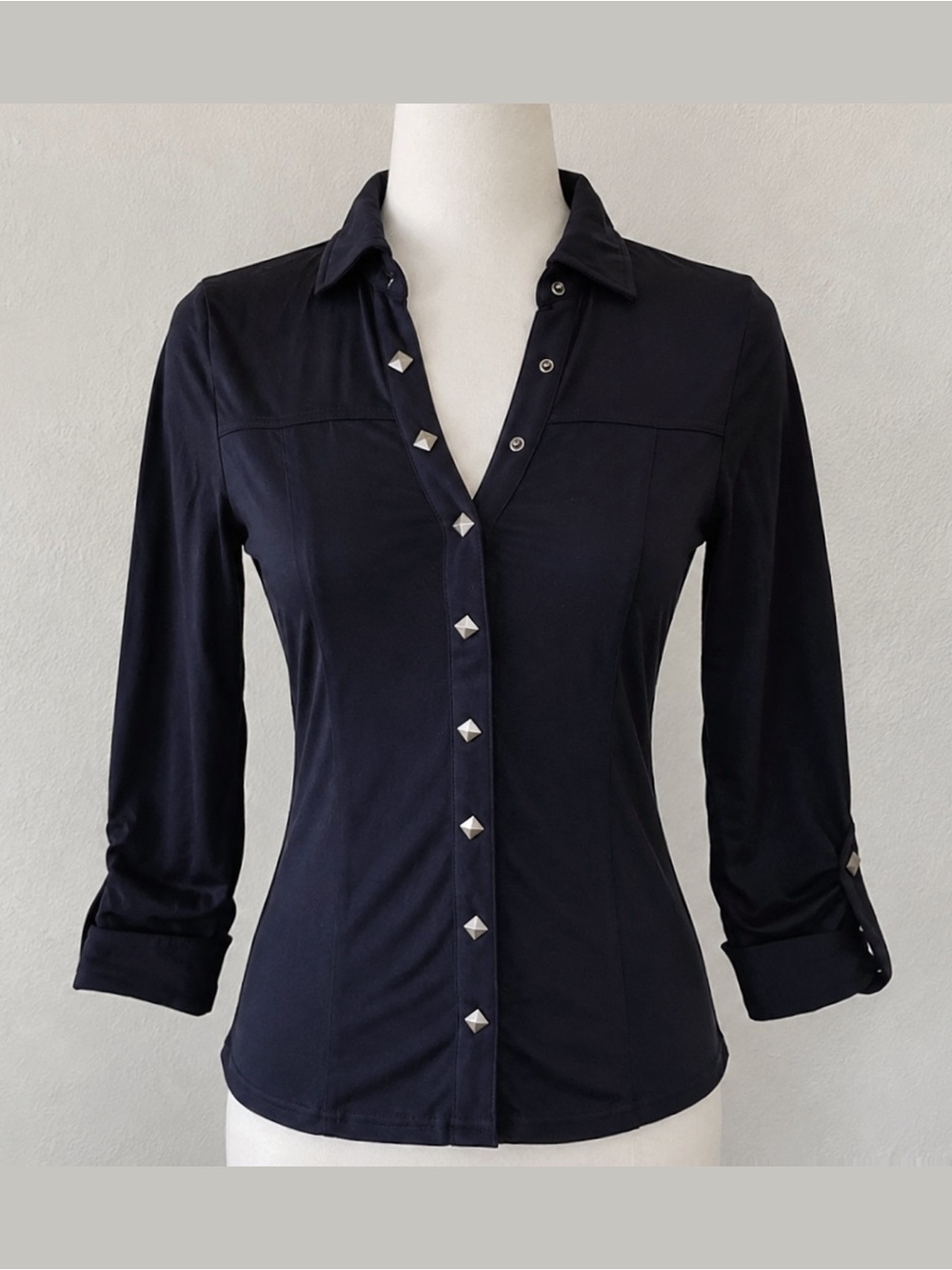 Vintage-Inspired Stud-Front Button-Up Shirt